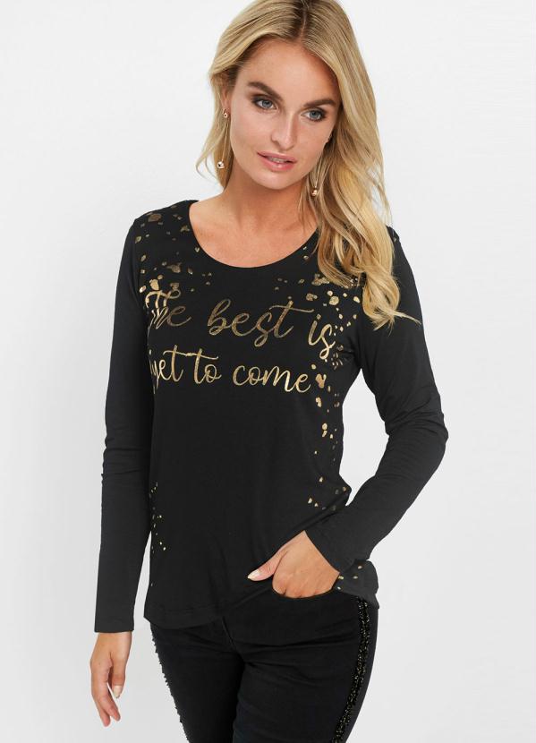 Blusa Manga Longa com Estampa em Foil (Preta)