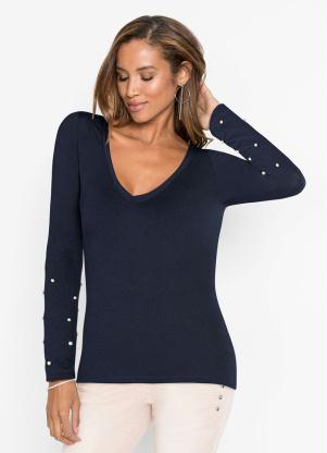 Blusa Manga Longa com P�rolas (Azul Marinho)