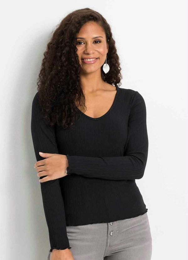 Blusa Manga Longa e Decote V (Preto)