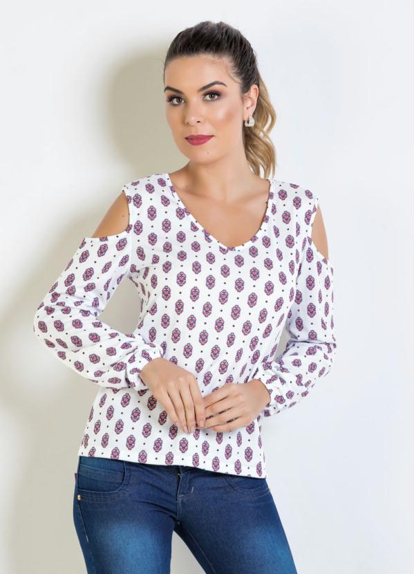 Blusa Manga Longa(Estampada) com Ombro Aberto Blusa Manga Longa(Estampada) com Ombro Aberto