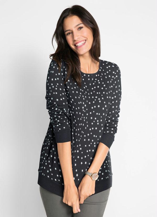 Blusa Manga Longa Estampada (Preta)