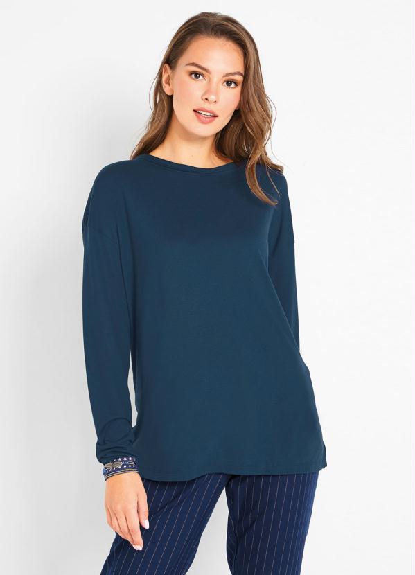 Blusa Mangas Longas Básica com Fenda (Azul Marinho Blusa Mangas Longas Básica com Fenda (Azul Marinho