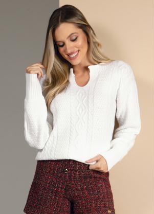 Blusa (Off White) em Tric� Soltinha com Decote V