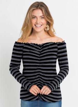 Blusa Ombro a Ombro Canelada (Listrada Preta)