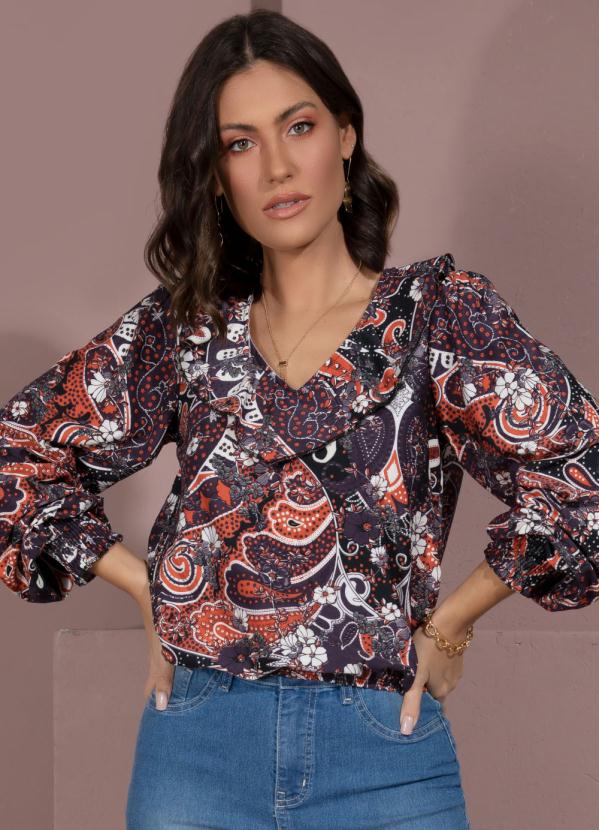 Blusa (Paisley) Decote V com Babados