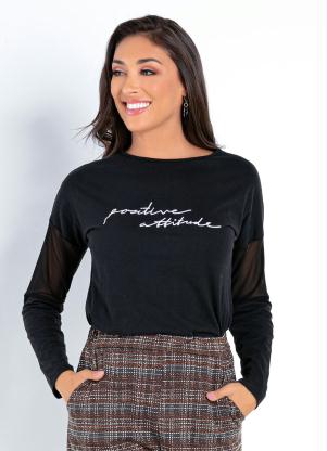 Blusa (Preta) com Bordado e Transpar�ncia