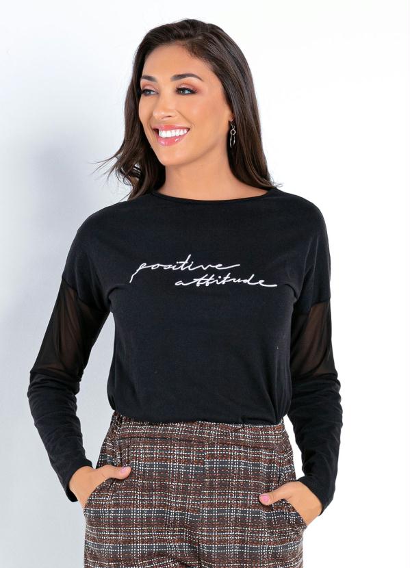 Blusa (Preta) com Bordado e Transpar�ncia