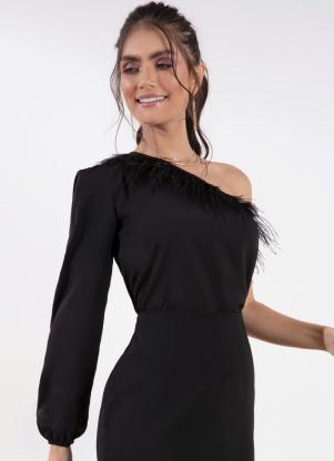 Blusa (Preta) de um Ombro S� com Pluma no Decote