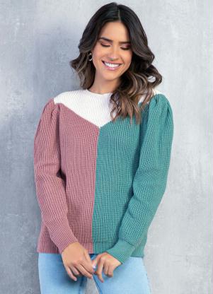 Blusa (Tricolor) em Tricot Mangas Bufantes