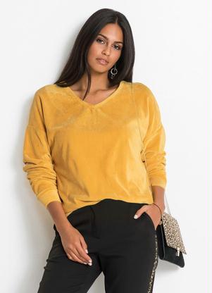 Casaco de Plush Manga Longa e Decote V (Amarelo)