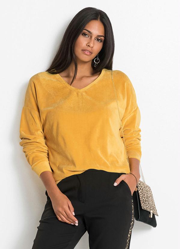 Casaco de Plush Manga Longa e Decote V (Amarelo)