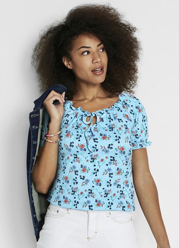 Blusa Ombro a Ombro com Amarra��o (Floral Azul)