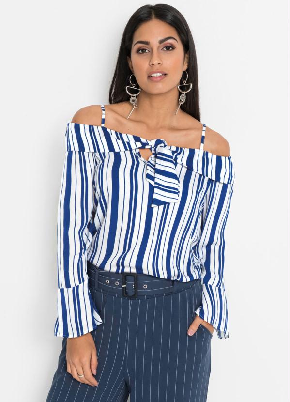 Blusa Ombro a Ombro com Amarra��o (Listrada Azul)