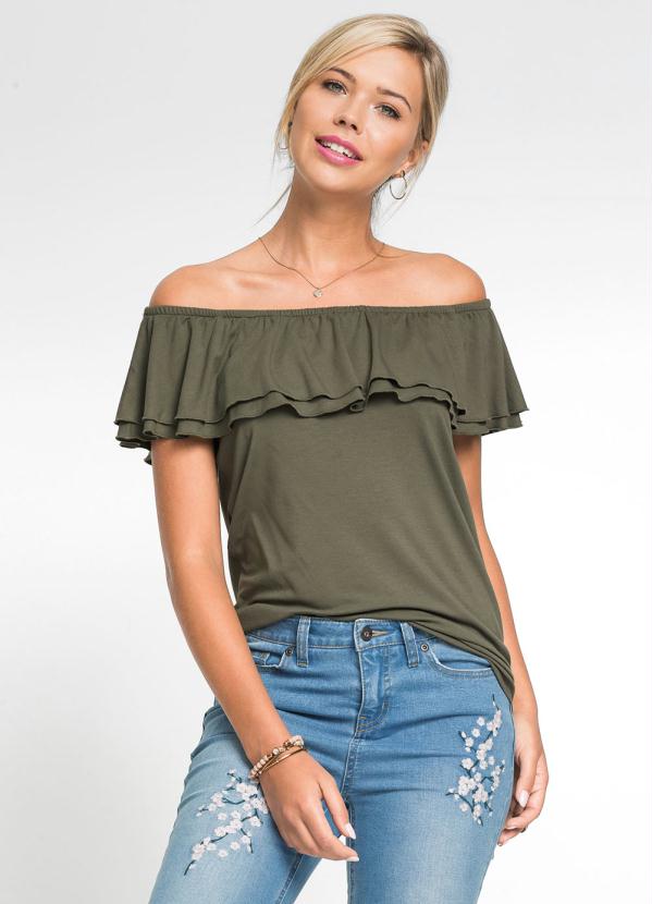 Blusa Ombro a Ombro com Babados (Verde Oliva)