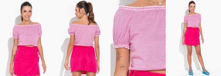 Blusa Xadrez com Decote Ombro a Ombro