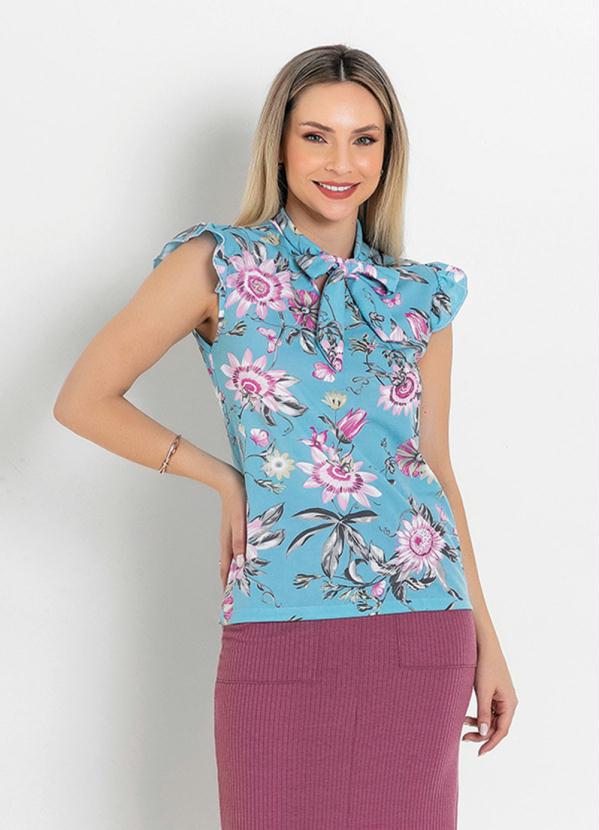 Blusa com Babado (Floral Azul) Moda Evang�lica