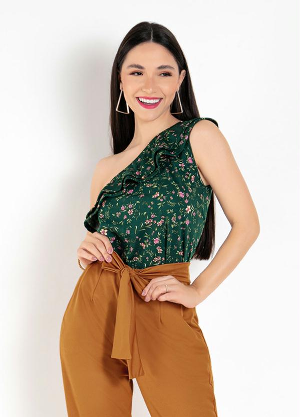 Blusa de um Ombro S� com Babado (Floral Verde)