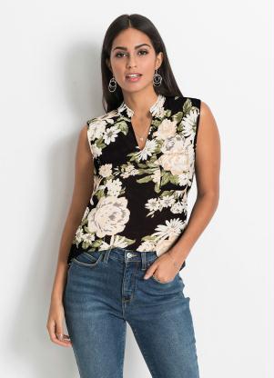 Blusa sem Manga com Bolso Frontal (Floral Dark)