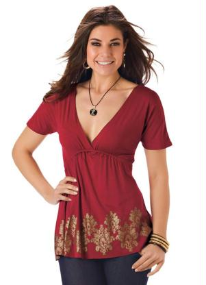 Blusa com Decote V Estampada(Vermelha)
