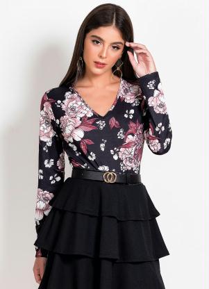 Body (Floral) Transpassado e com Mangas Longas