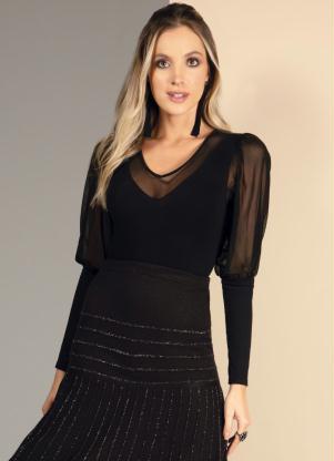 Body (Preto) Decote V com Mangas Bufantes em Tule