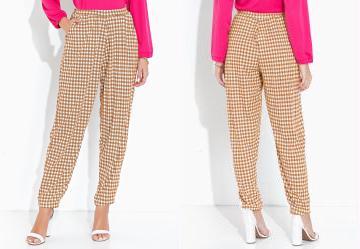 Cal�a Xadrez Com Cintura Alta e Bolsos Funcionais