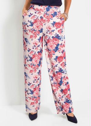 Cal�a Flare em Crepe Estampada (Floral Rosa)