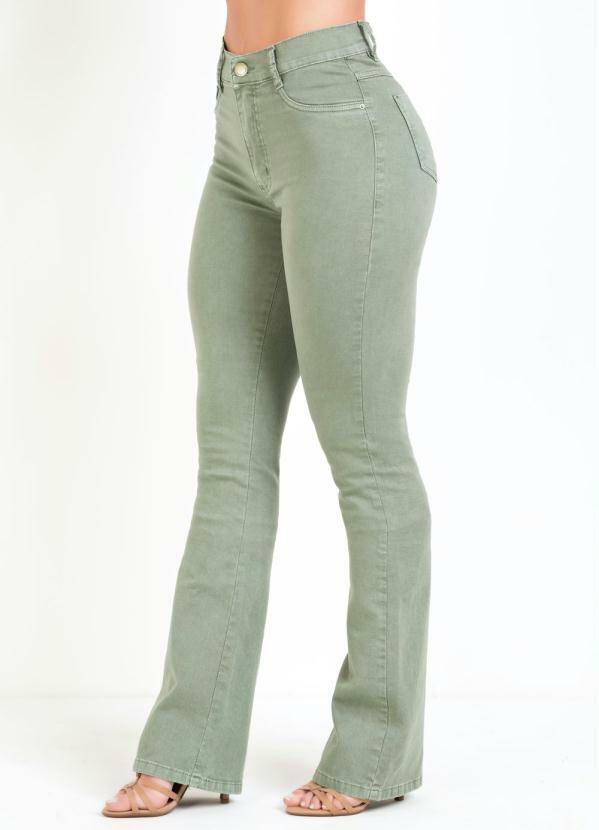 calça flare verde militar jeans