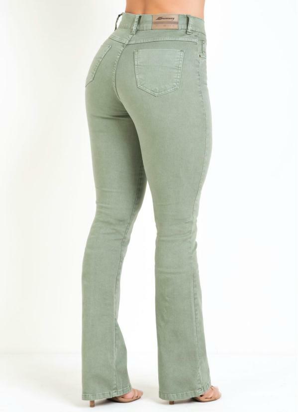 calça flare verde militar jeans