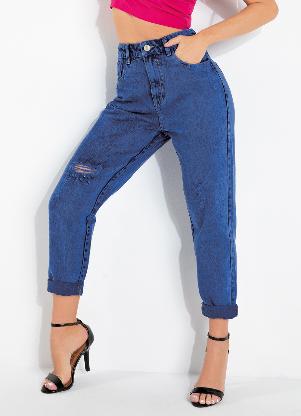 Cal�a (Azul) Mom Jeans com Pu�dos Sawary