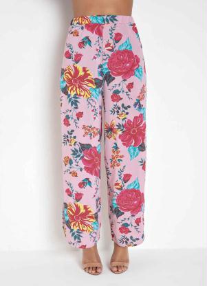 Calça Pantalona com Fenda na Barra (Floral Rosa) Calça Pantalona com Fenda na Barra (Floral Rosa)