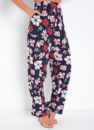 Calça Pantalona (Floral Marinho) com Bolsos Calça Pantalona (Floral Marinho) com Bolsos