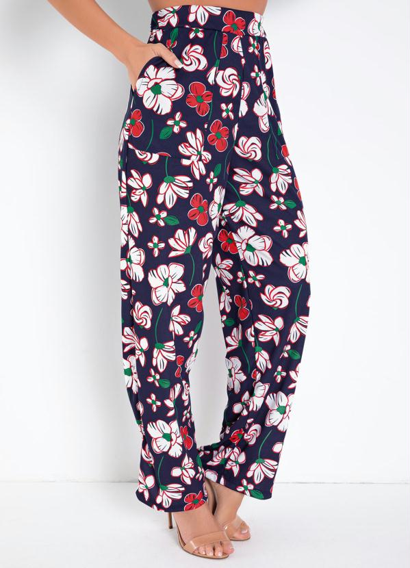 Calça Pantalona (Floral Marinho) com Bolsos Calça Pantalona (Floral Marinho) com Bolsos