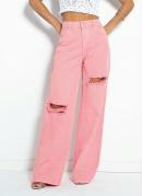 Cal�a Rosa Wide Leg com Destroyed Sawary
