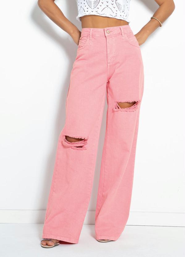 Cal�a (Rosa) Wide Leg com Destroyed Sawary