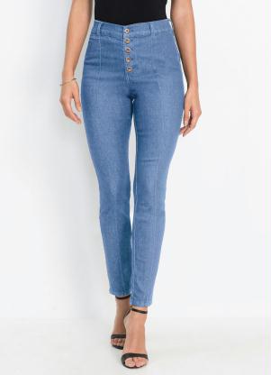 Cal�a Jeans Skinny com Recortes (Azul M�dio)