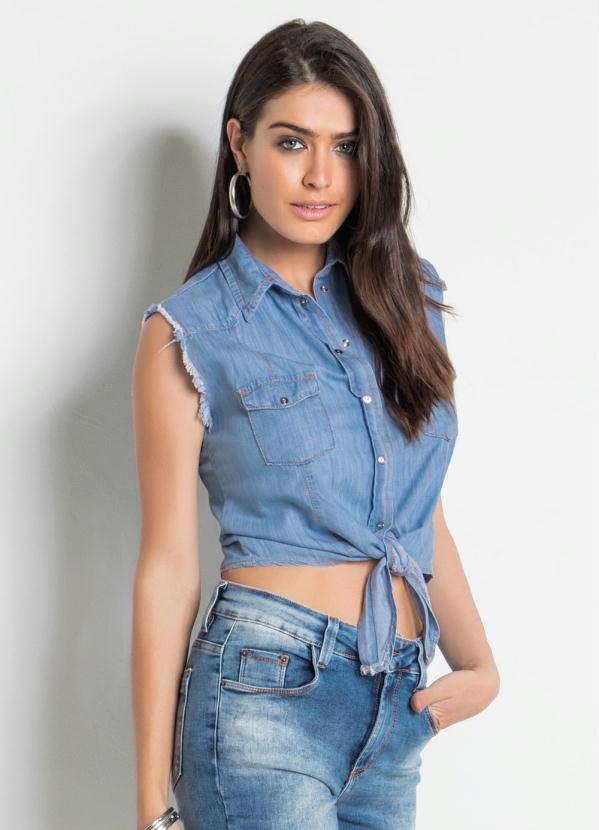 Camisa Jeans Sawary Cropped sem Mangas (Azul)