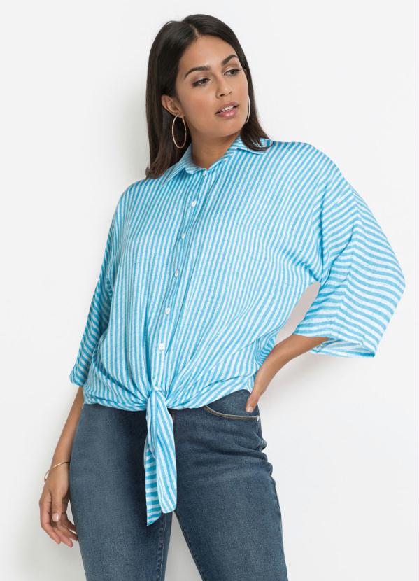 Camisa Mangas Curtas com Nó (Listrada Azul) Camisa Mangas Curtas com Nó (Listrada Azul)