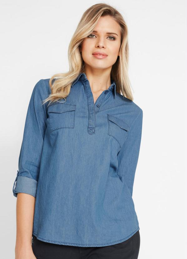 Camisa Jeans com Bolsos (Azul M�dio)