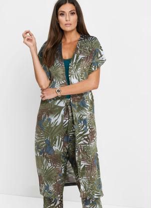 Cardigan Alongado Estampado (Folhagens Verde)