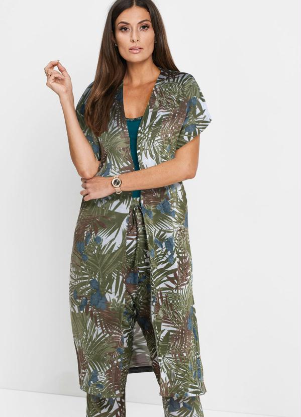 Cardigan Alongado Estampado (Folhagens Verde)