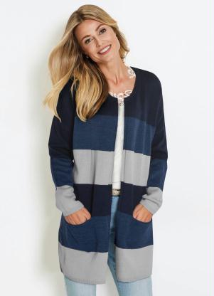 Cardigan de Tric� Alongado (Listrado Azul)