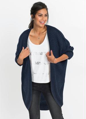 Cardigan de Tric� Alongado Mangas Curtas (Azul)