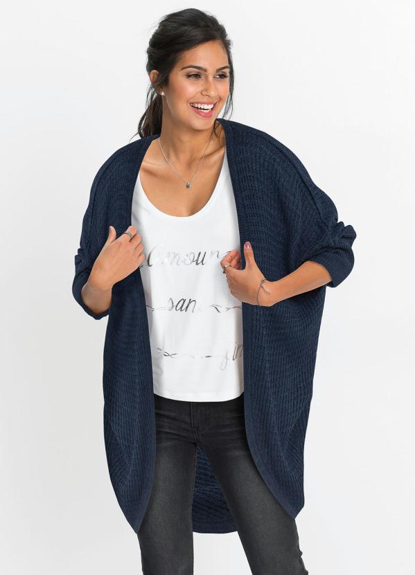 Cardigan de Tric� Alongado Mangas Curtas (Azul)