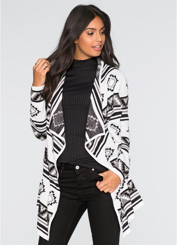 Cardigan de Tricô Assimétrico (Branco e Preto) Cardigan de Tricô Assimétrico (Branco e Preto)