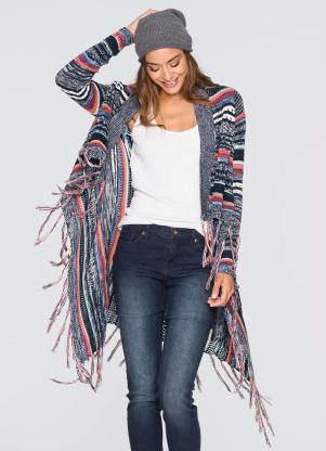 Cardigan de Tricô com Franjas (Listrado Azul) Cardigan de Tricô com Franjas (Listrado Azul)