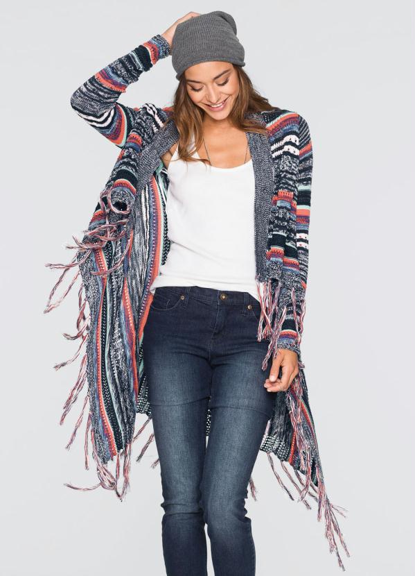 Cardigan de Tricô com Franjas (Listrado Azul) Cardigan de Tricô com Franjas (Listrado Azul)