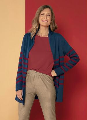 Cardigan Listras com Gola (Azul/Bordô) Cardigan Listras com Gola (Azul/Bordô)