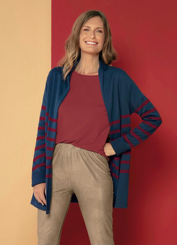 Cardigan Listras com Gola (Azul/Bordô) Cardigan Listras com Gola (Azul/Bordô)