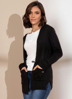 Casaco em Tricô (Preto) com Bolsos e Capuz Casaco em Tricô (Preto) com Bolsos e Capuz